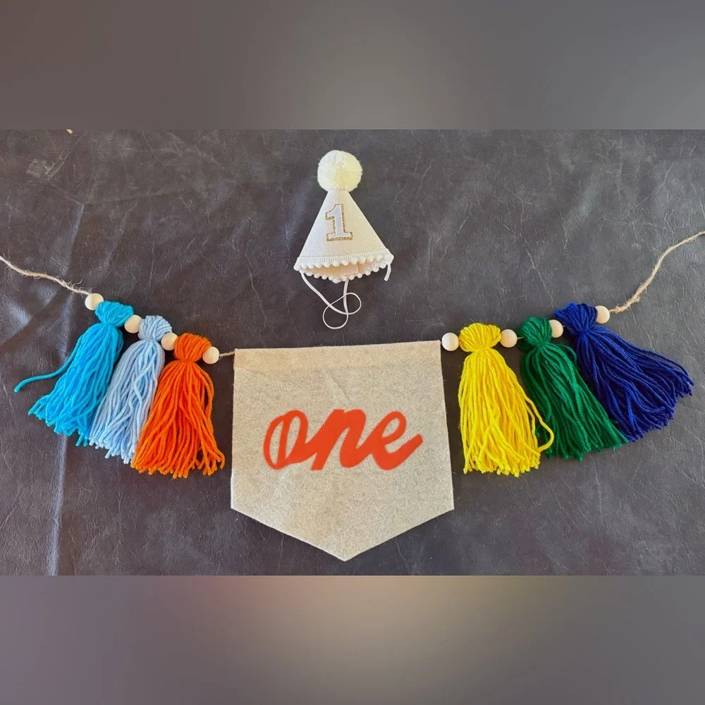 Colorful First Birthday Banner and Hat Set